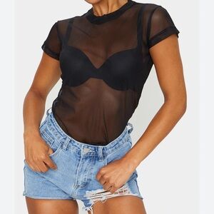 FASHION NOVA BLACK SHORT SLEEVE MESH BODYSUIT WOMENS SIZE MEDIUM